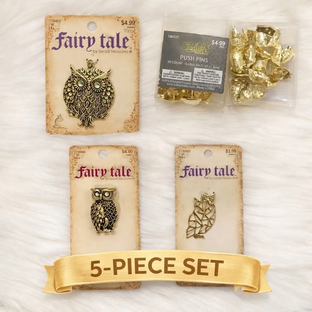 Owl Craft Supply Bundle 5 Piece Gold Charms Push Pins DIY Boho